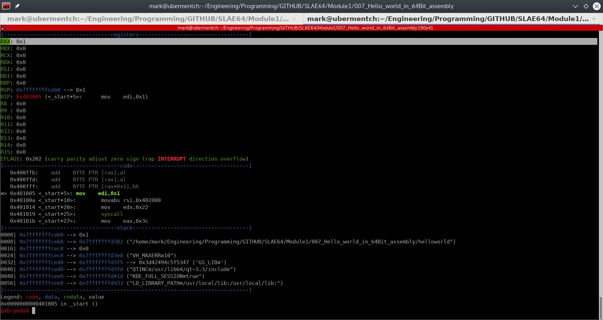 After running step 0x401000 <_start>: mov eax,0x1