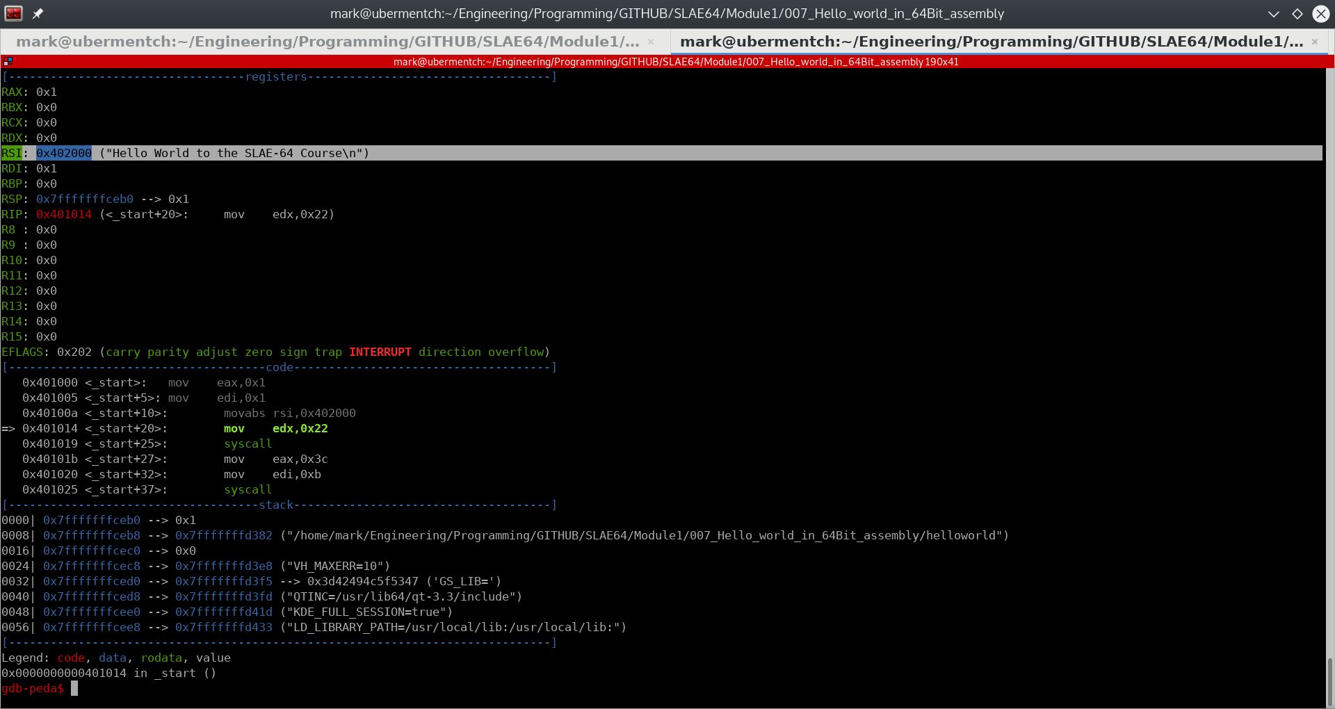 After running step 0x40100a <_start+10>: movabs rsi,0x402000