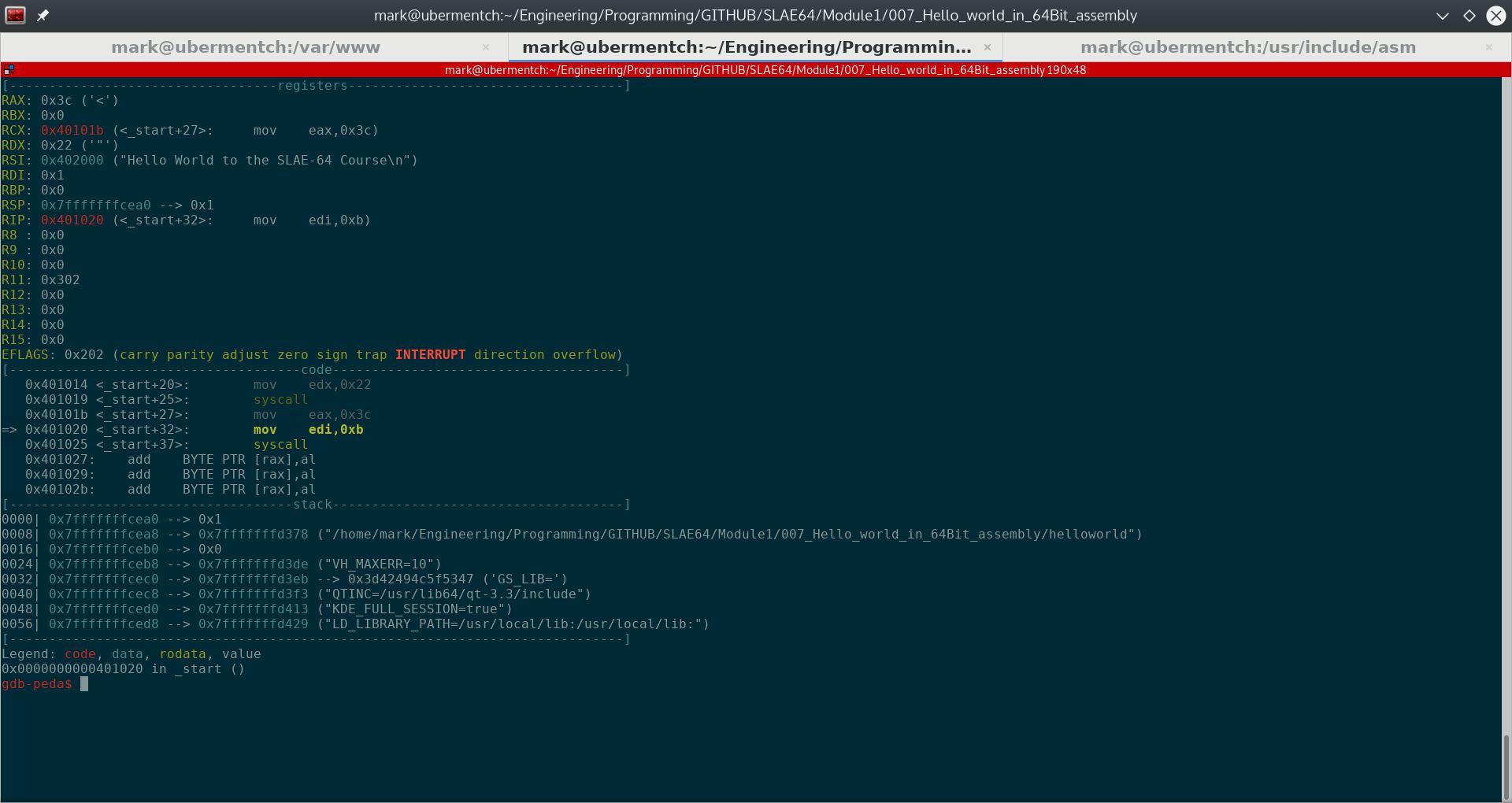 After running step 0x40101b <_start+27>: mov eax,0x3c