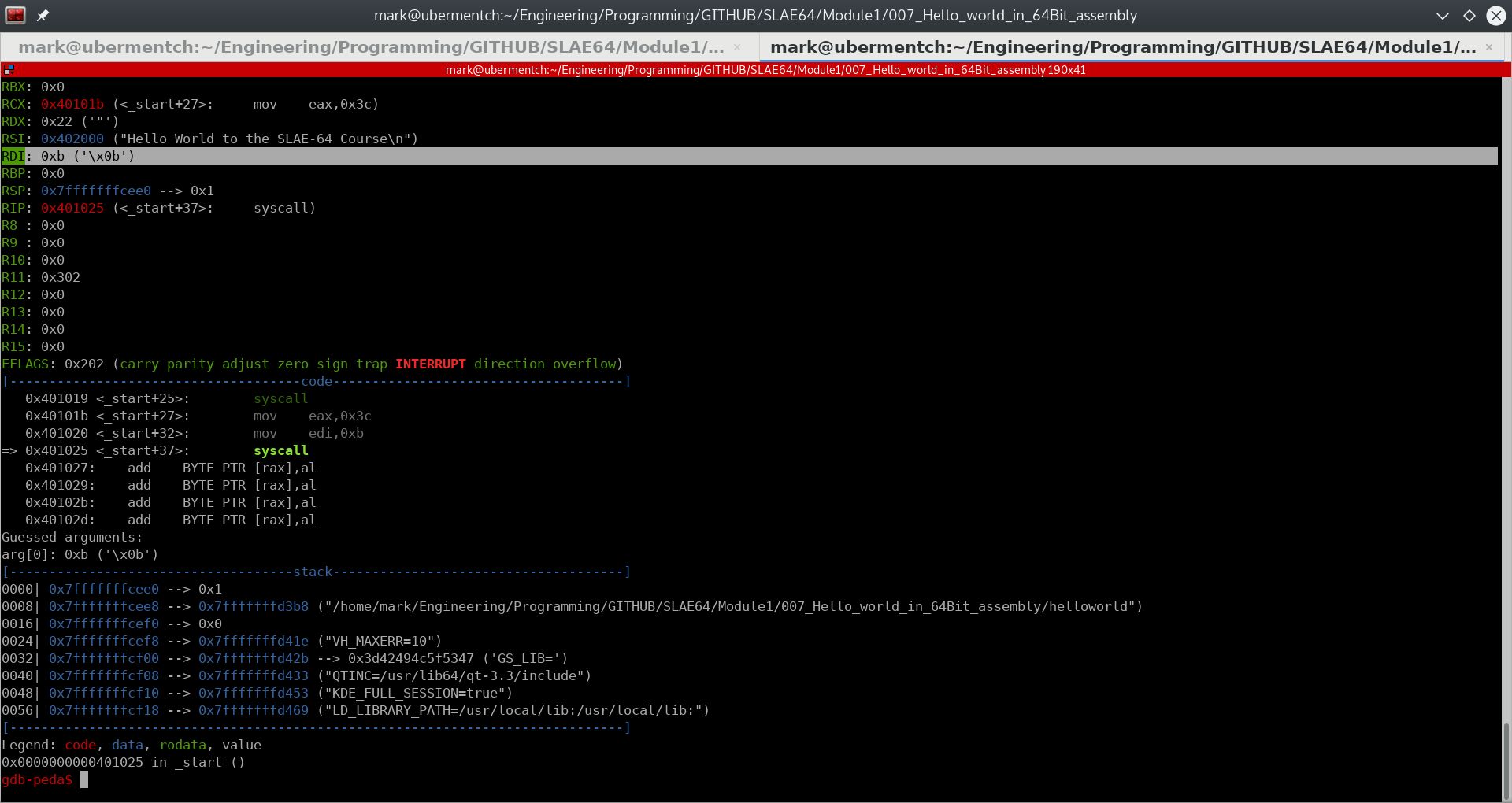 After running step 0x401020 <_start+32>: mov edi,0xb