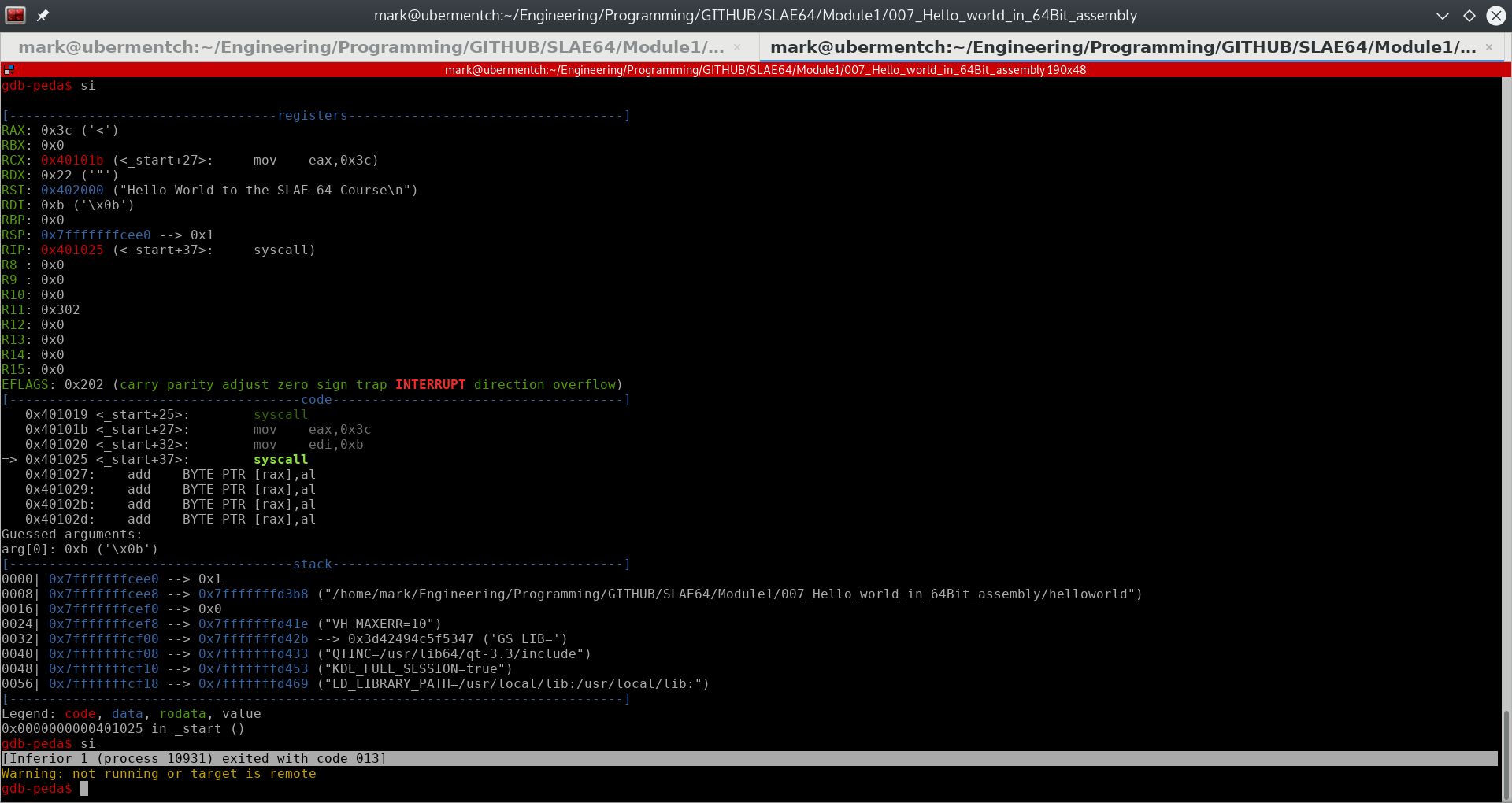 After running step 0x401025 <_start+37>: syscall