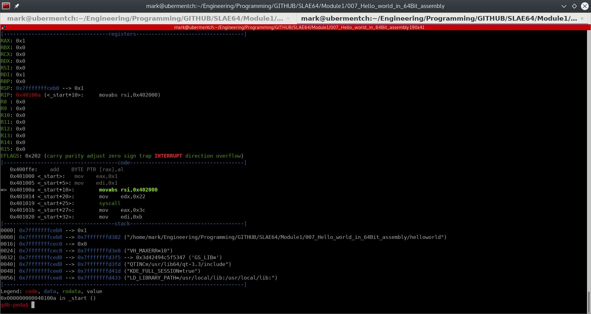 Before running step 0x40100a <_start+10>: movabs rsi,0x402000