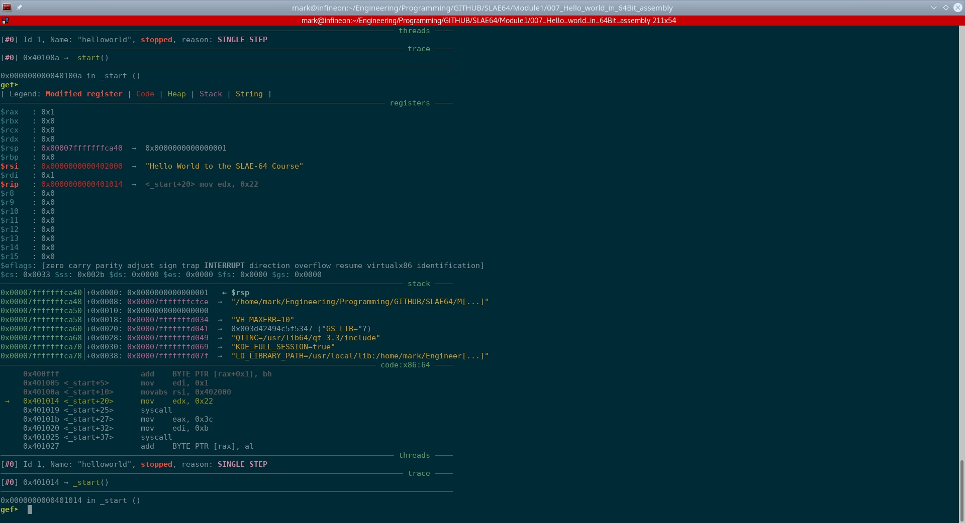 Before running step 0x401014 <_start+20> mov edx, 0x22