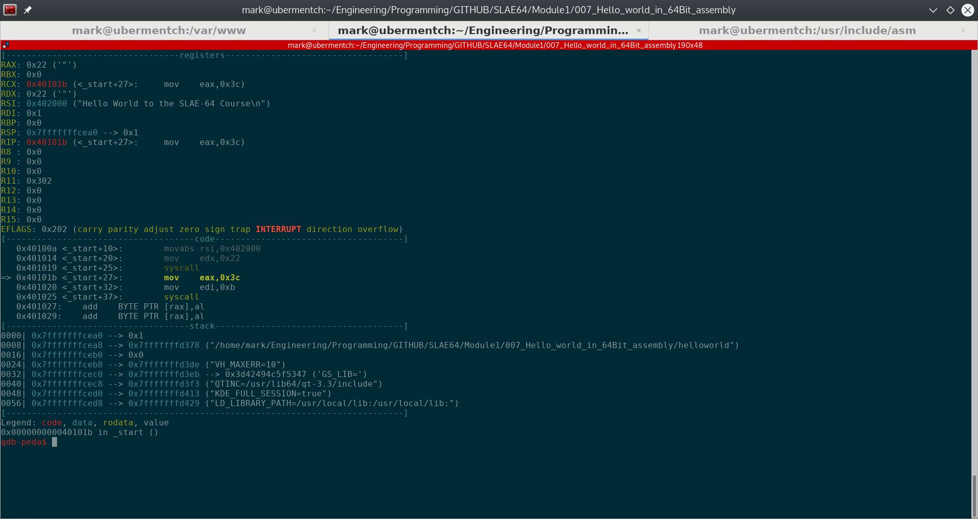 Before running step 0x40101b <_start+27>: mov eax,0x3c