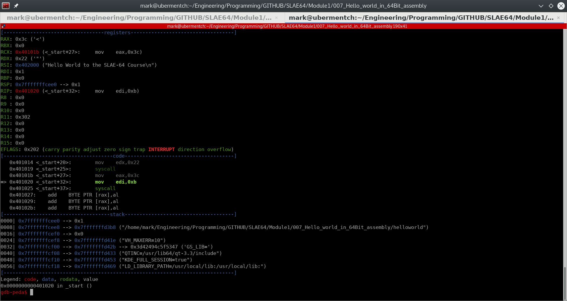 Before running step 0x401020 <_start+32>: mov edi,0xb
