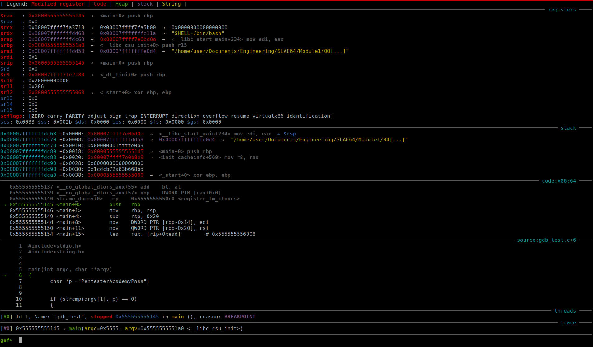 Running GDB Test in GEF