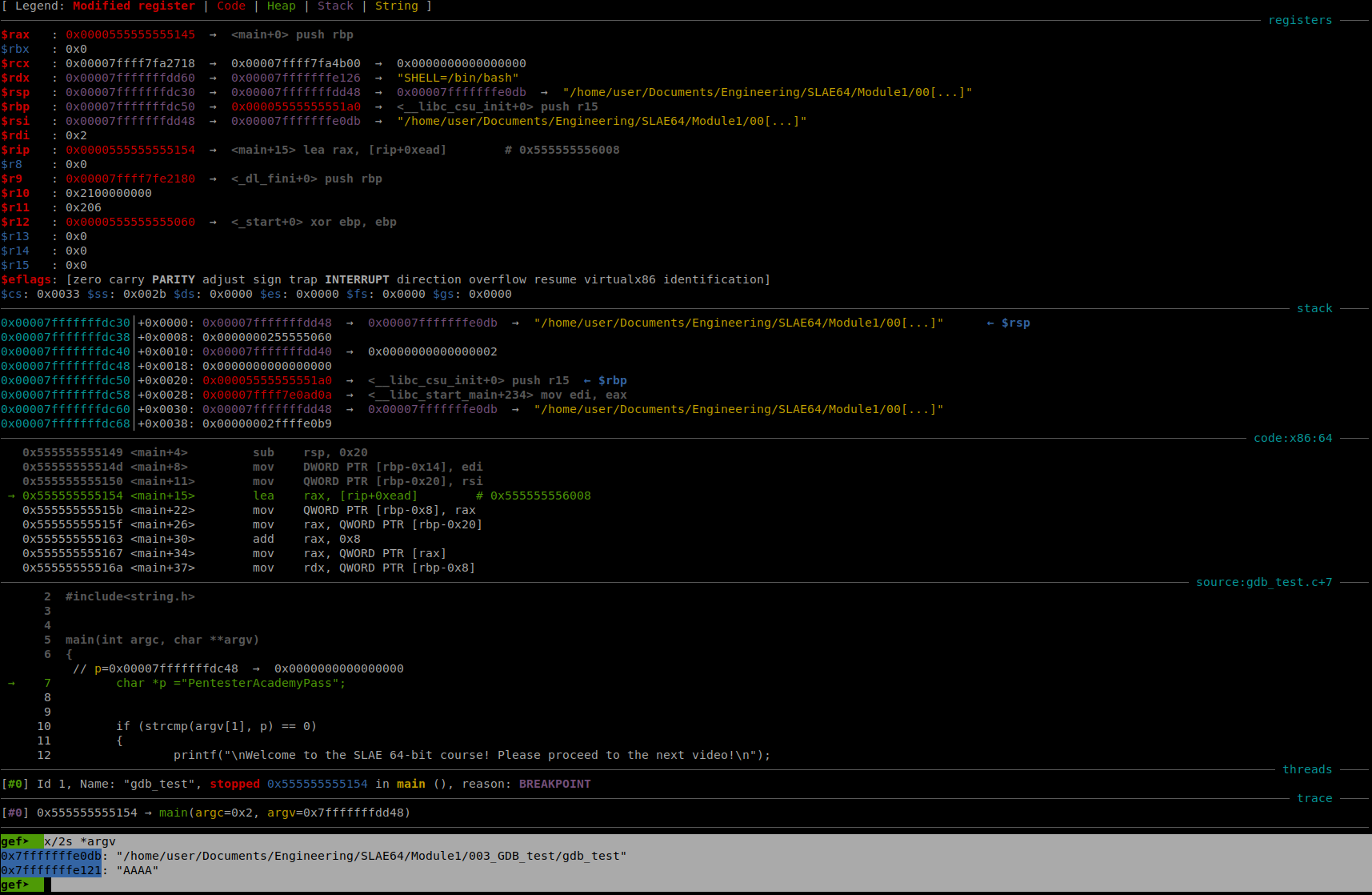Running *gdb_test* with the Argument *AAAA*