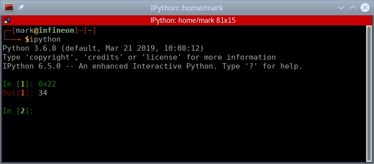 Using IPython to convert hex 0x22 into decimal