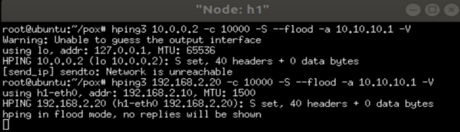 Packet Flood Test from Host 1 to Host 2 with Spoofed Source IP Address