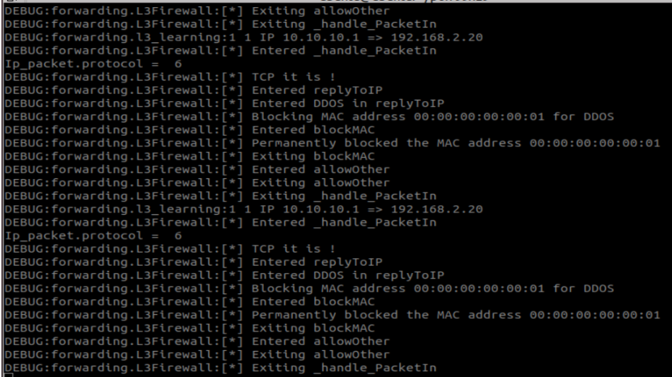POX Controller Output Indicating Offending MAC Address Permanently Blocked